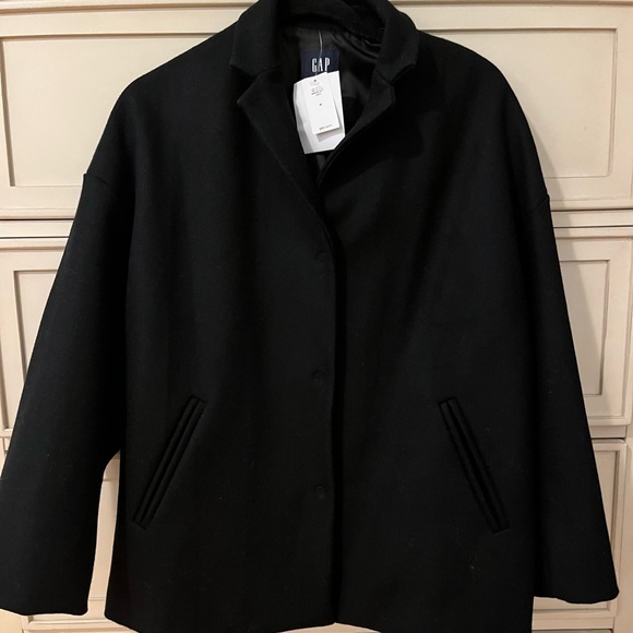 Gap women’s NWT Black Wool Coat snap front, size Medium - Picture 1 of 8